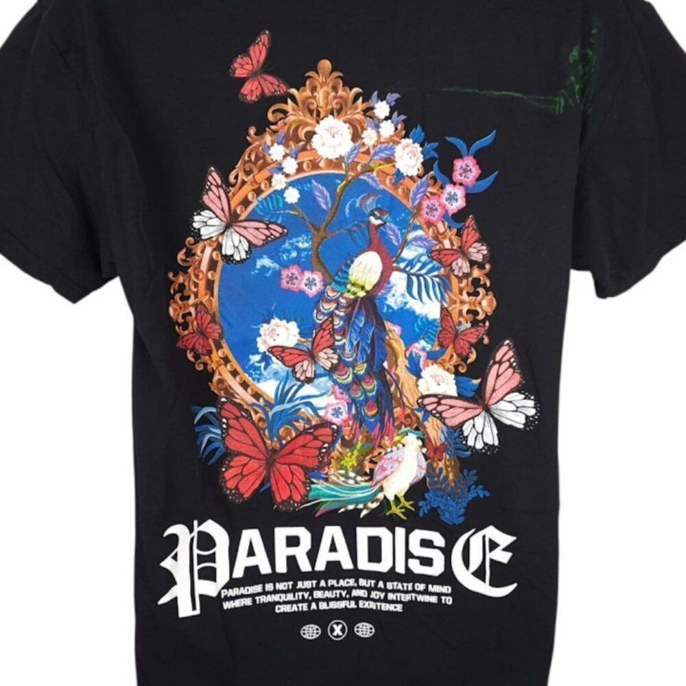 Paradise Peacock T Shirt Mens Size Medium Black Flowers Butterflies Birds